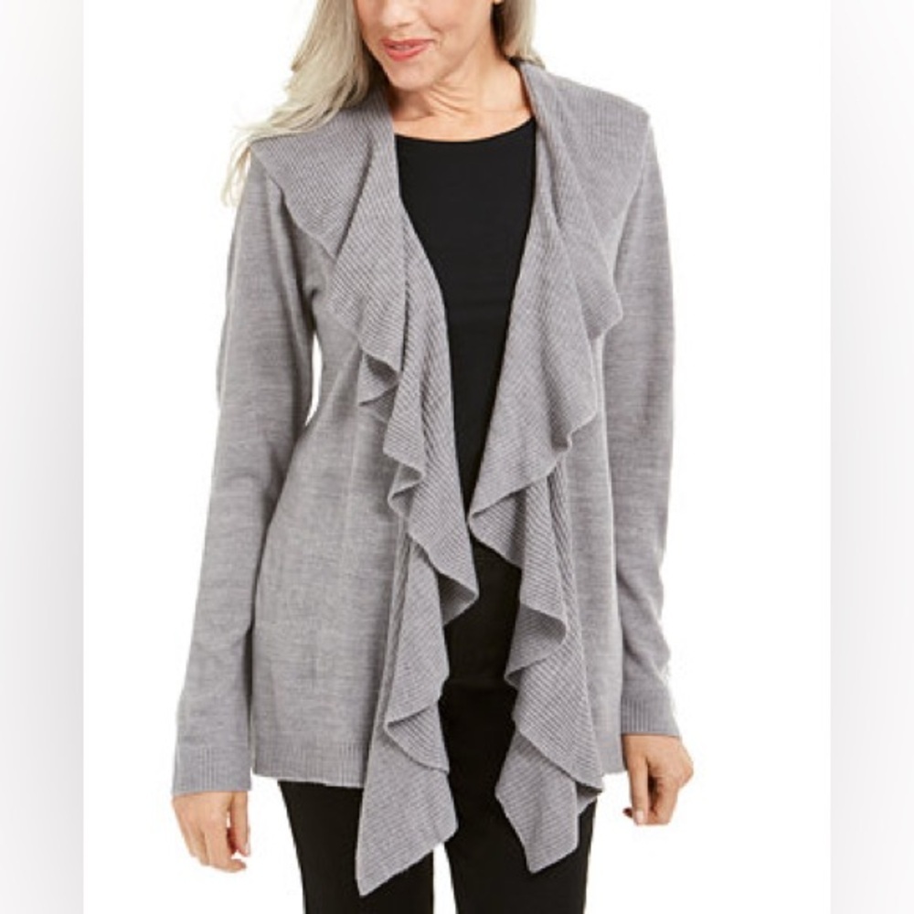 Waterfall scalloped edge size L white stag Women's Elegant Gray Ruffle Cardigan